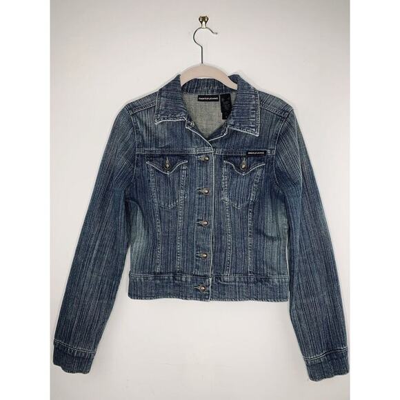 DKNY Jeans Denim Trucker Jacket Women Small Blue Jean Medium Wash Cropped EUC - Picture 1 of 14